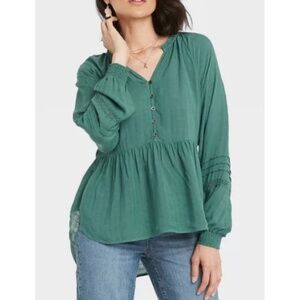 Knox Rose Peasant Green  Boho Long Sleeve Blouse